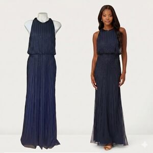 NWT Adrianna Papell Navy Blue Beaded Blouson Gown Sz 8 Art Deco Wedding Formal